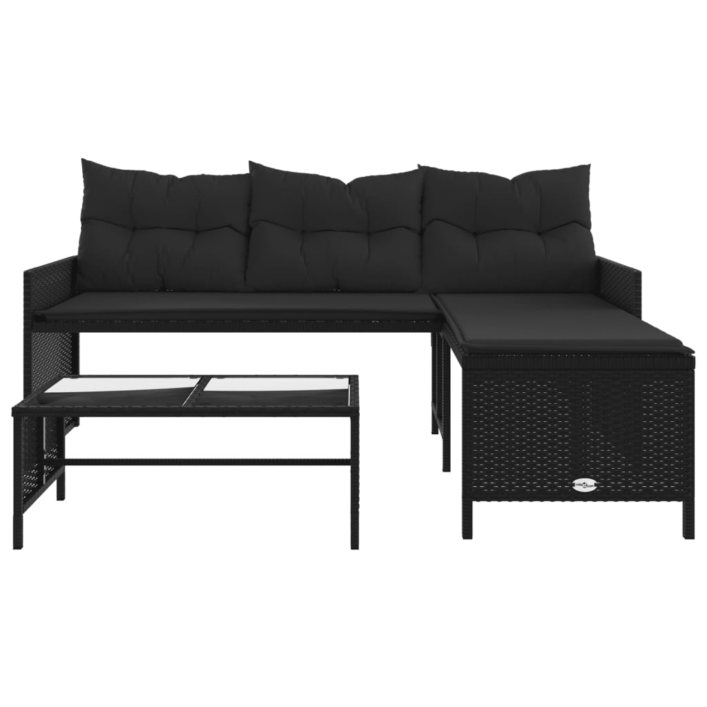 Sodo sofa su stalu/pagalvėlėmis, juoda, poliratanas, L formos - Namų Idėja