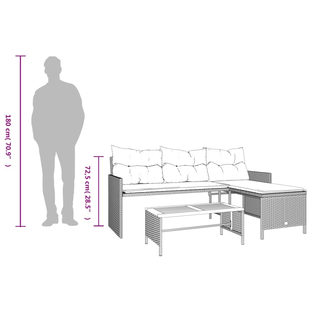 Sodo sofa su stalu/pagalvėlėmis, juoda, poliratanas, L formos - Namų Idėja