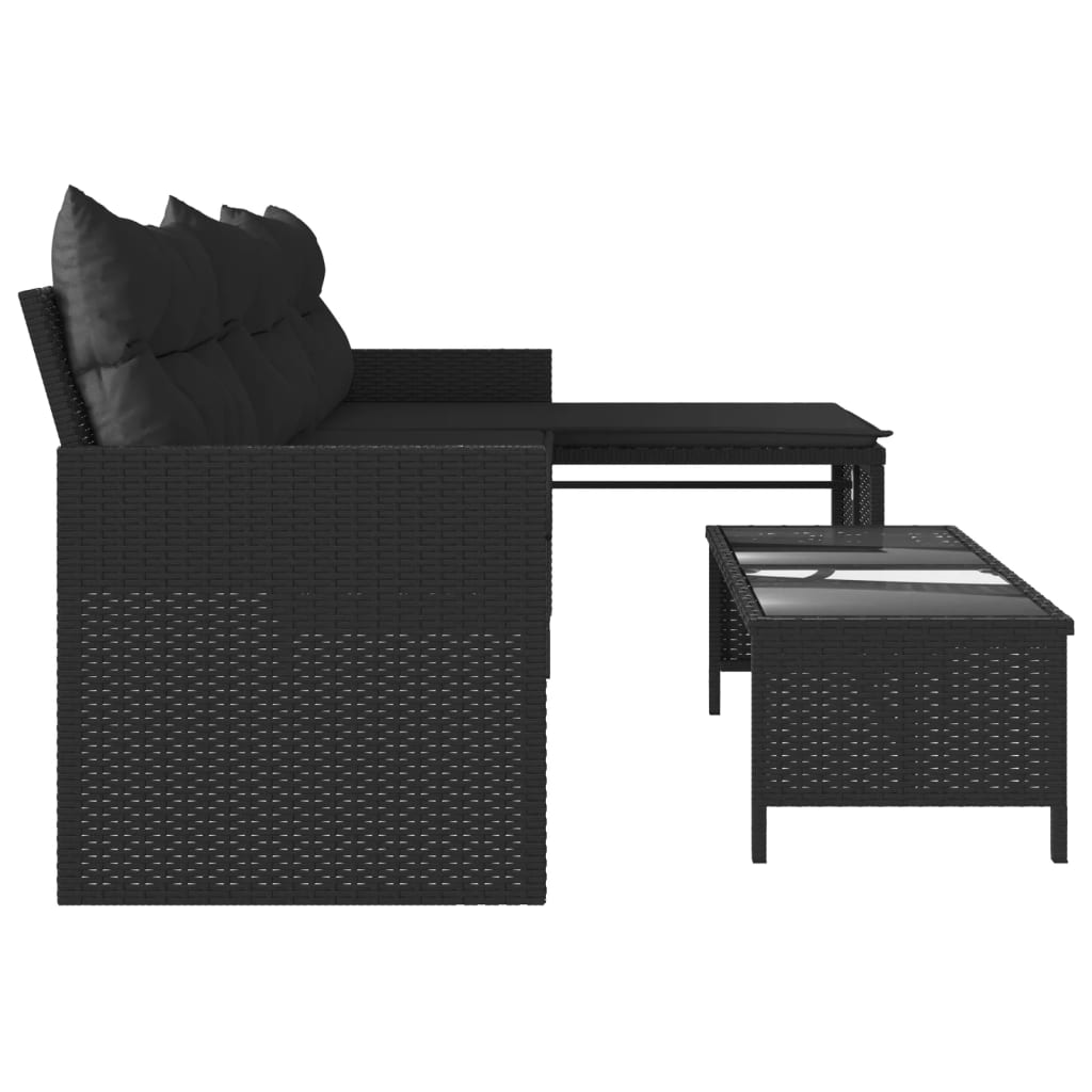 Sodo sofa su stalu/pagalvėlėmis, juoda, poliratanas, L formos - Namų Idėja