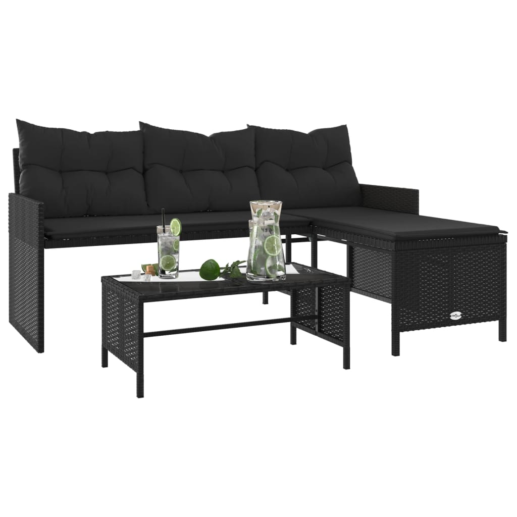 Sodo sofa su stalu/pagalvėlėmis, juoda, poliratanas, L formos - Namų Idėja