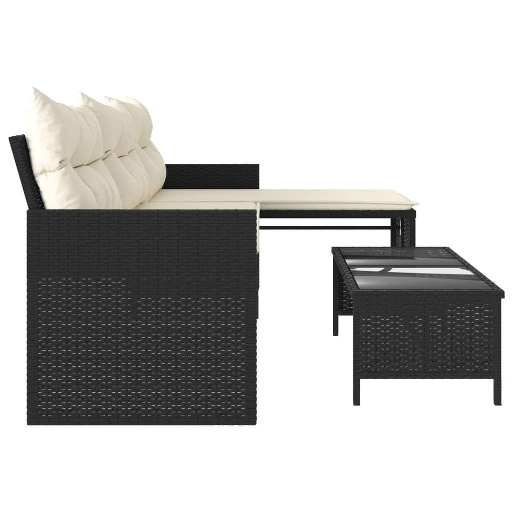 Sodo sofa su stalu/pagalvėlėmis, juoda, poliratanas, L formos - Namų Idėja