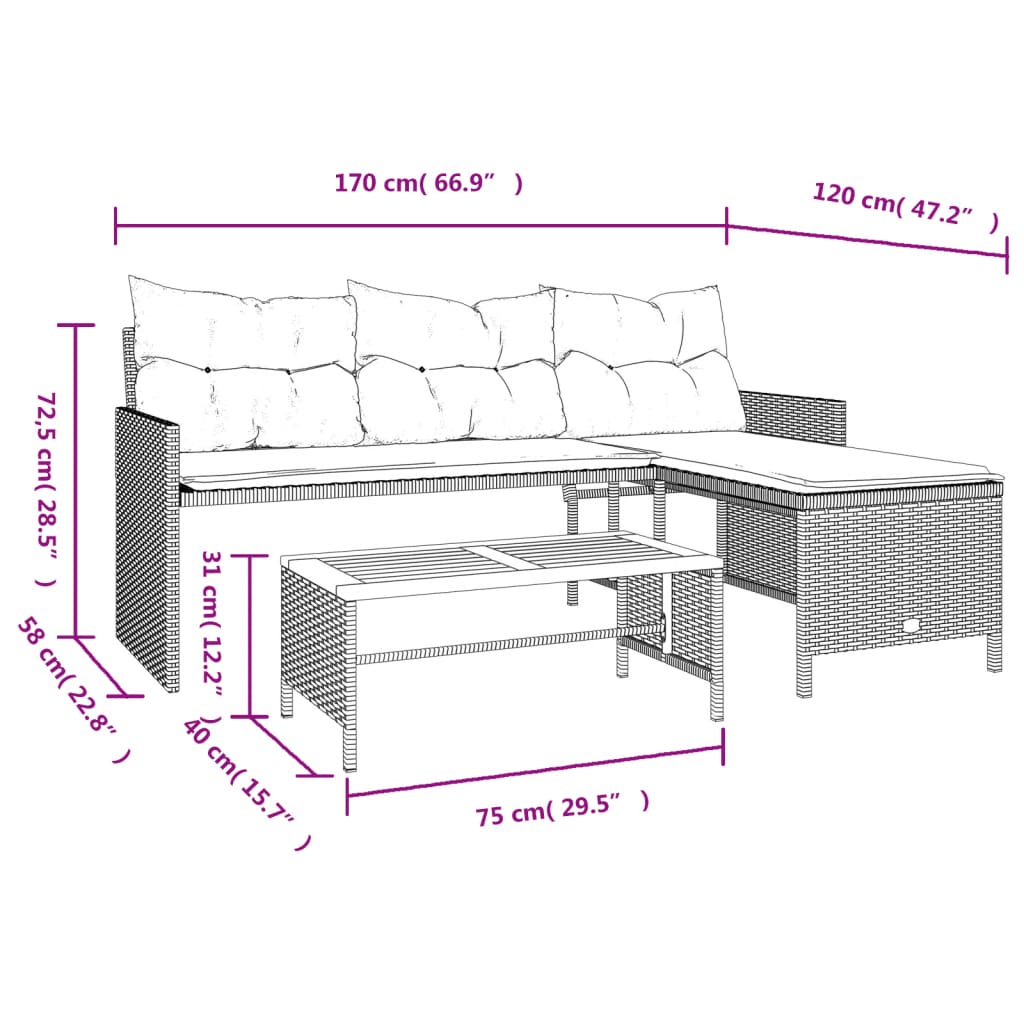Sodo sofa su stalu/pagalvėlėmis, juoda, poliratanas, L formos - Namų Idėja