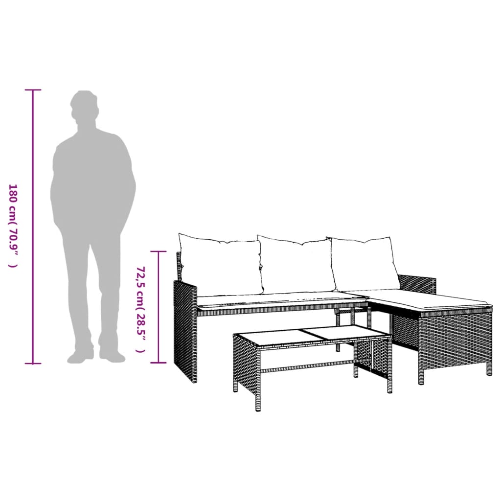 Sodo sofa su stalu/pagalvėlėmis, pilka, poliratanas, L formos - Namų Idėja