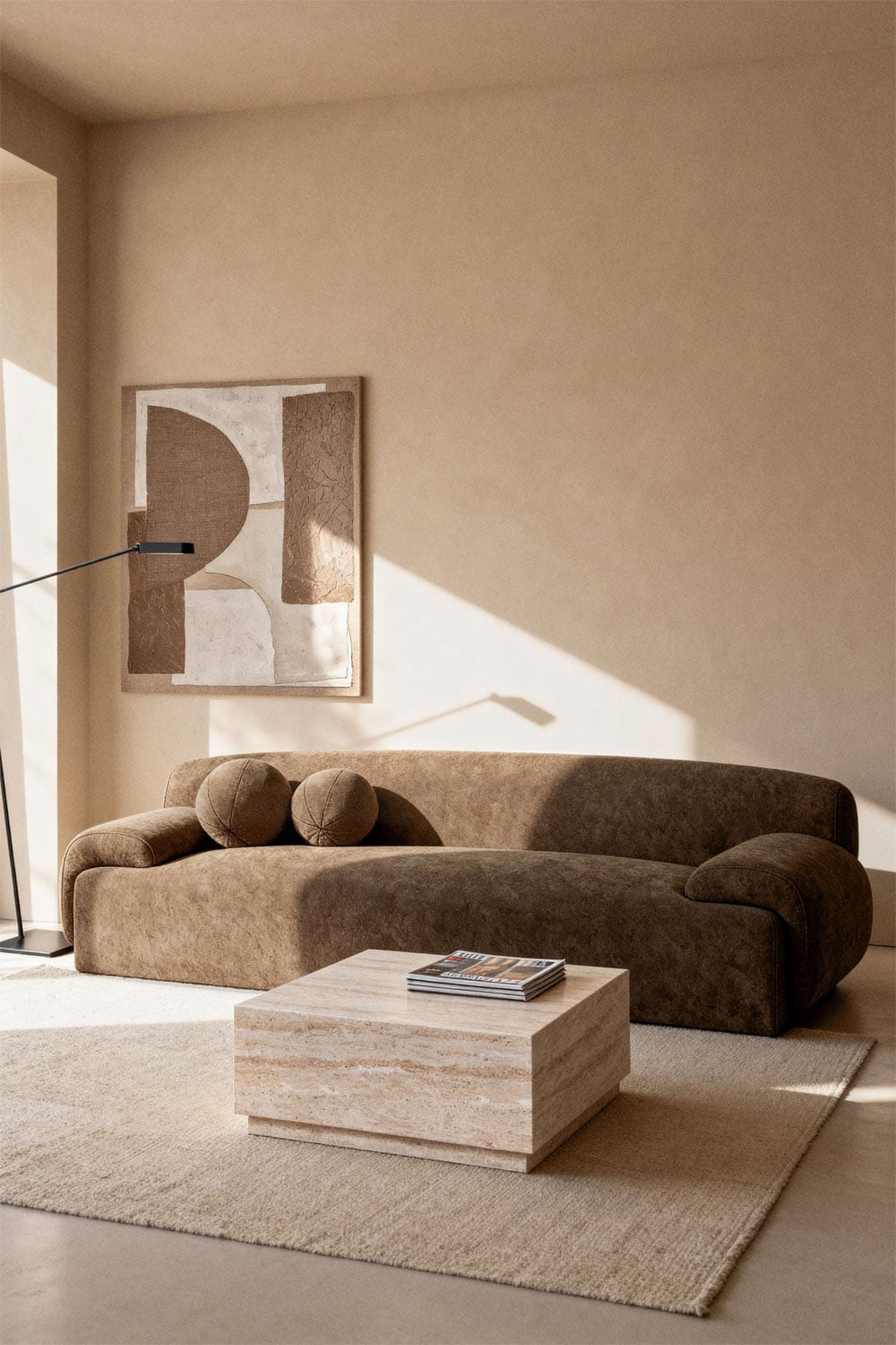 Trivietė sofa SIRINA, boucle, ruda virvelė spalva