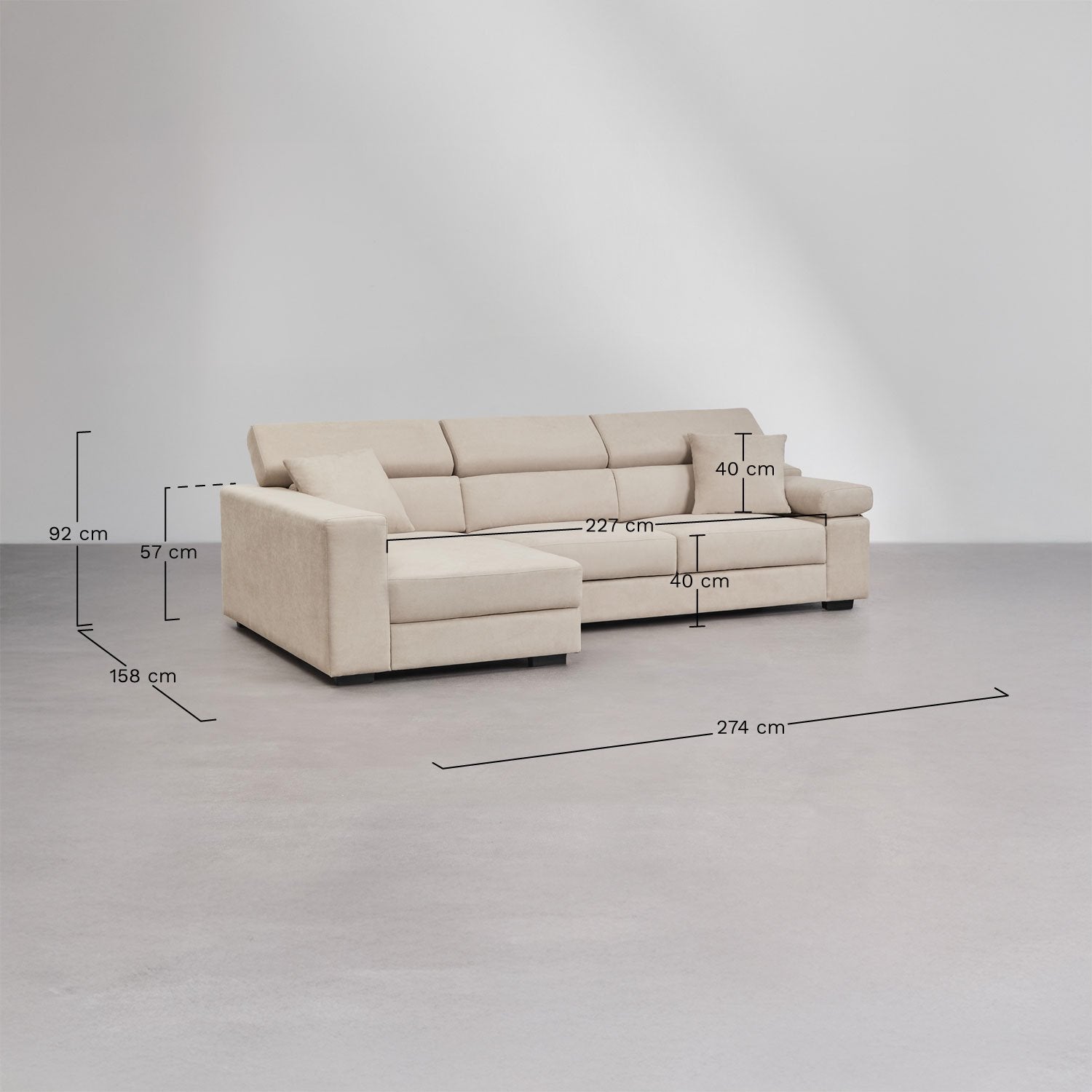 Trivietė sofa LUVANO su šezlongu iš audinio, kairinė