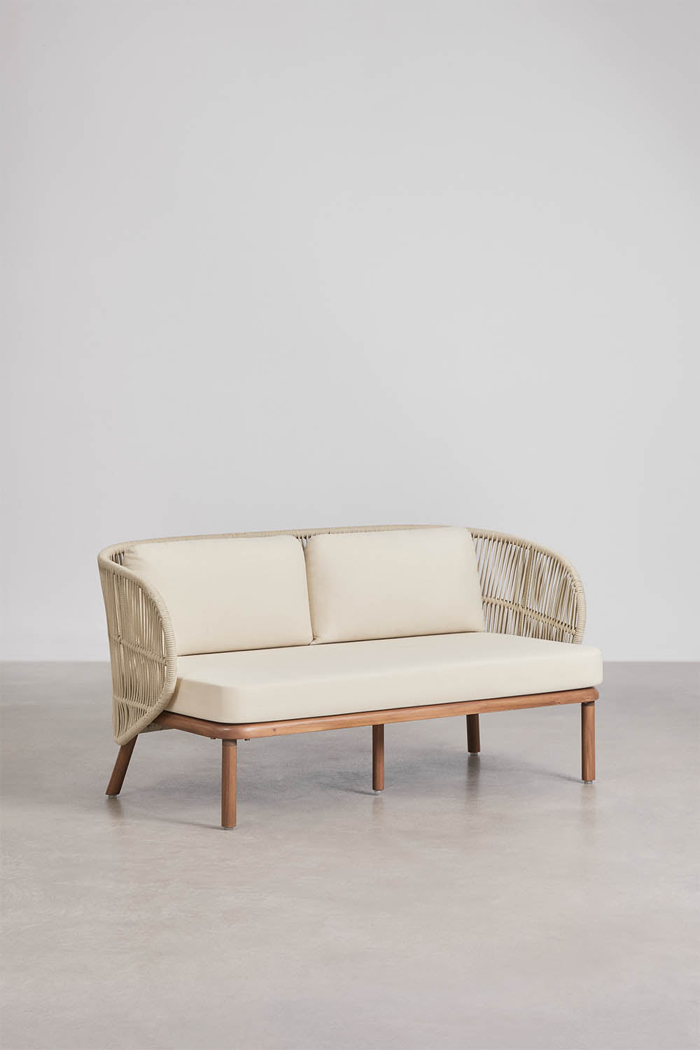 Sofa CAIRO, 2 vietų, akacijos mediena + virvelė, kreminis