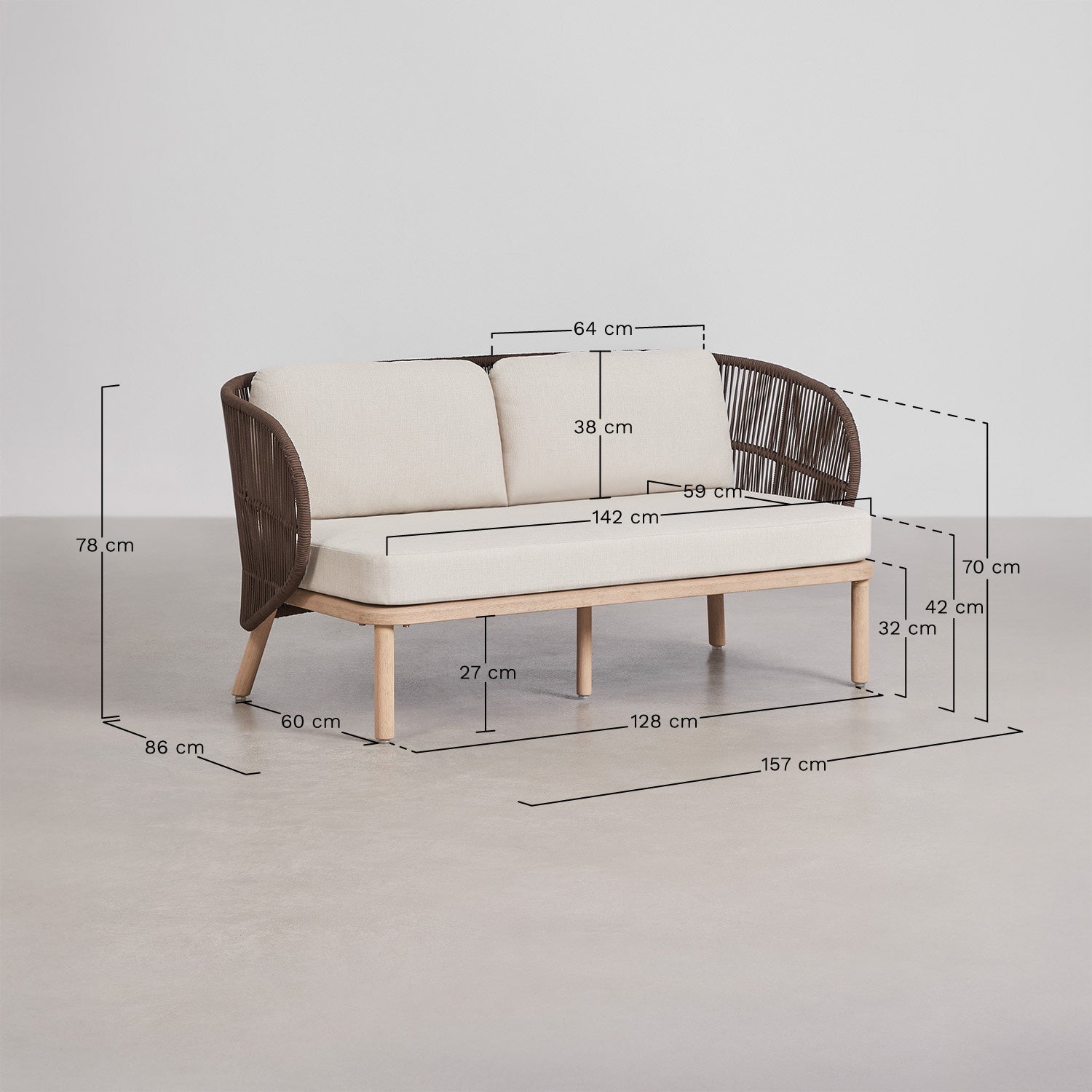Sofa CAIRO, 2 vietų, akacijos mediena + virvelė, kreminis