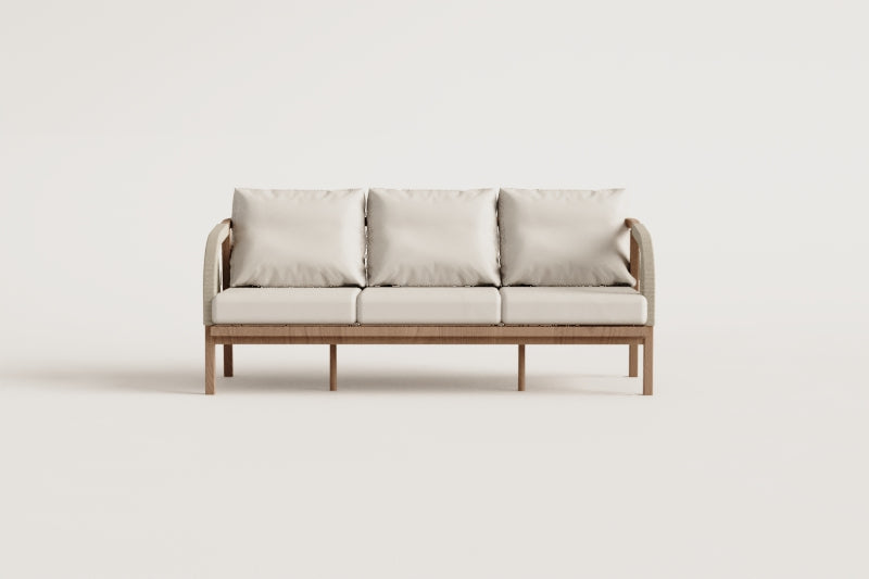 Sofa DALLAS, 3 vietų, akacijos mediena + virvelė, kariuomenės žalia