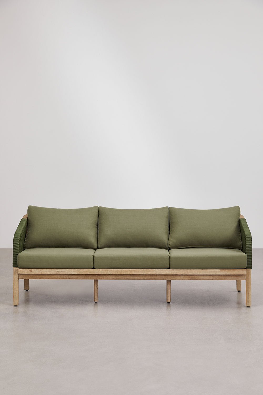 Sofa DALLAS, 3 vietų, akacijos mediena + virvelė, kariuomenės žalia