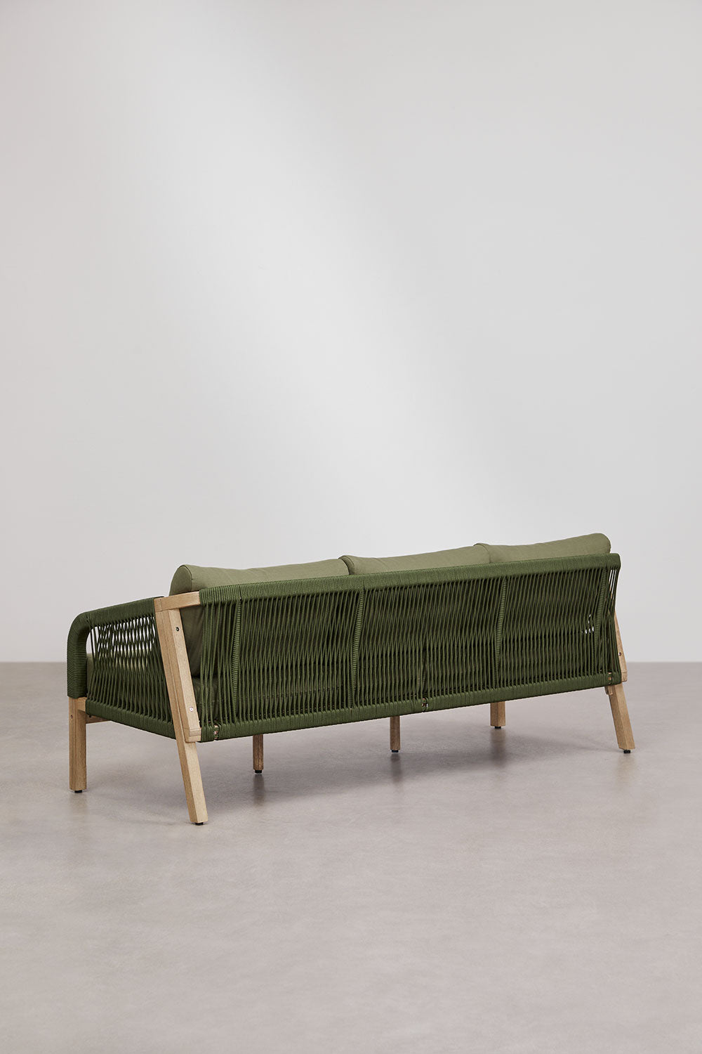 Sofa DALLAS, 3 vietų, akacijos mediena + virvelė, kariuomenės žalia