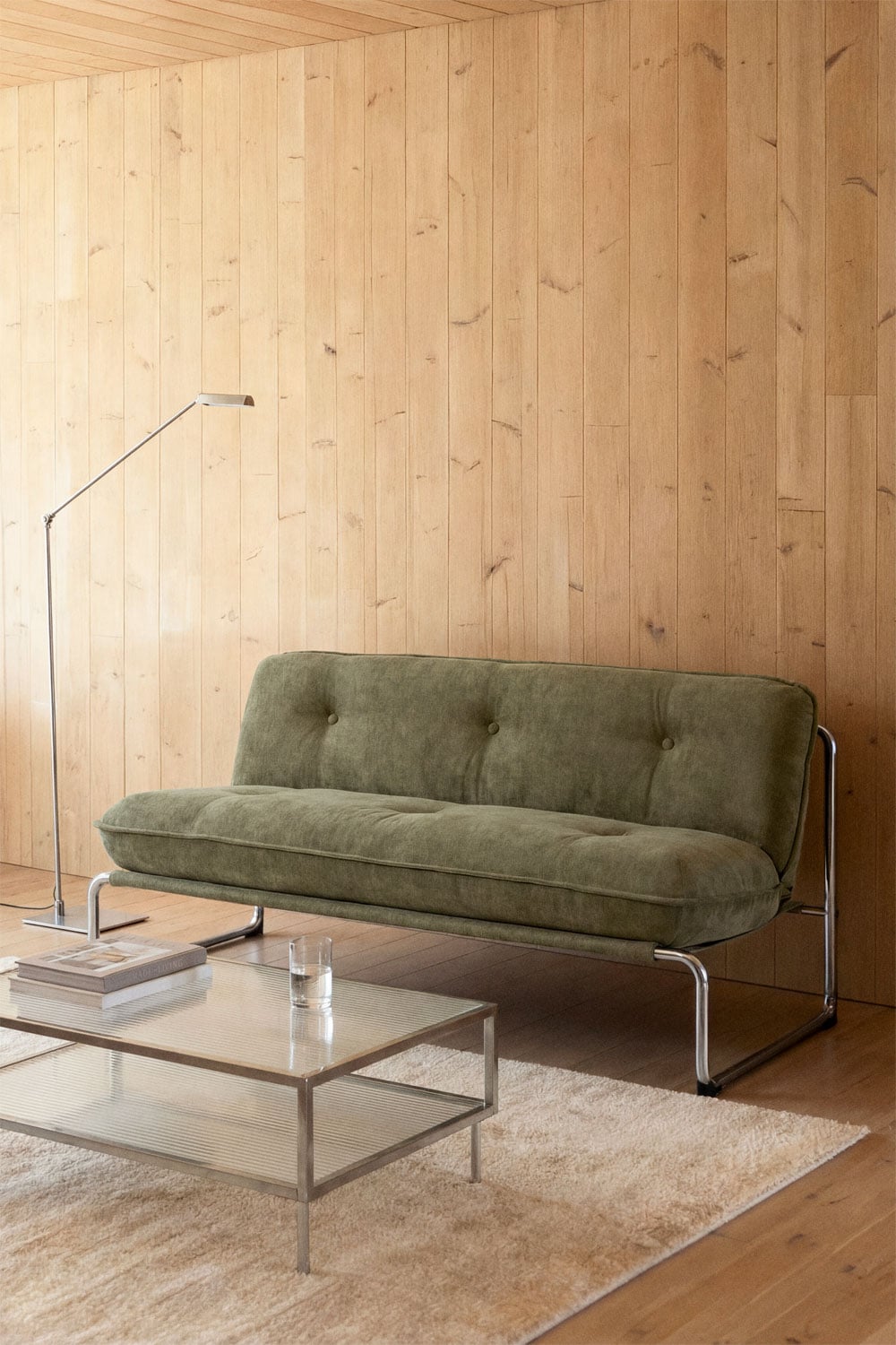 Dvivietė sofa MATILENA – bendras vaizdas, karinės žalios spalvos virvelinė tekstūra boucle