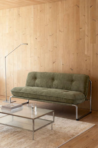 Dvivietė sofa MATILENA – bendras vaizdas, karinės žalios spalvos virvelinė tekstūra boucle