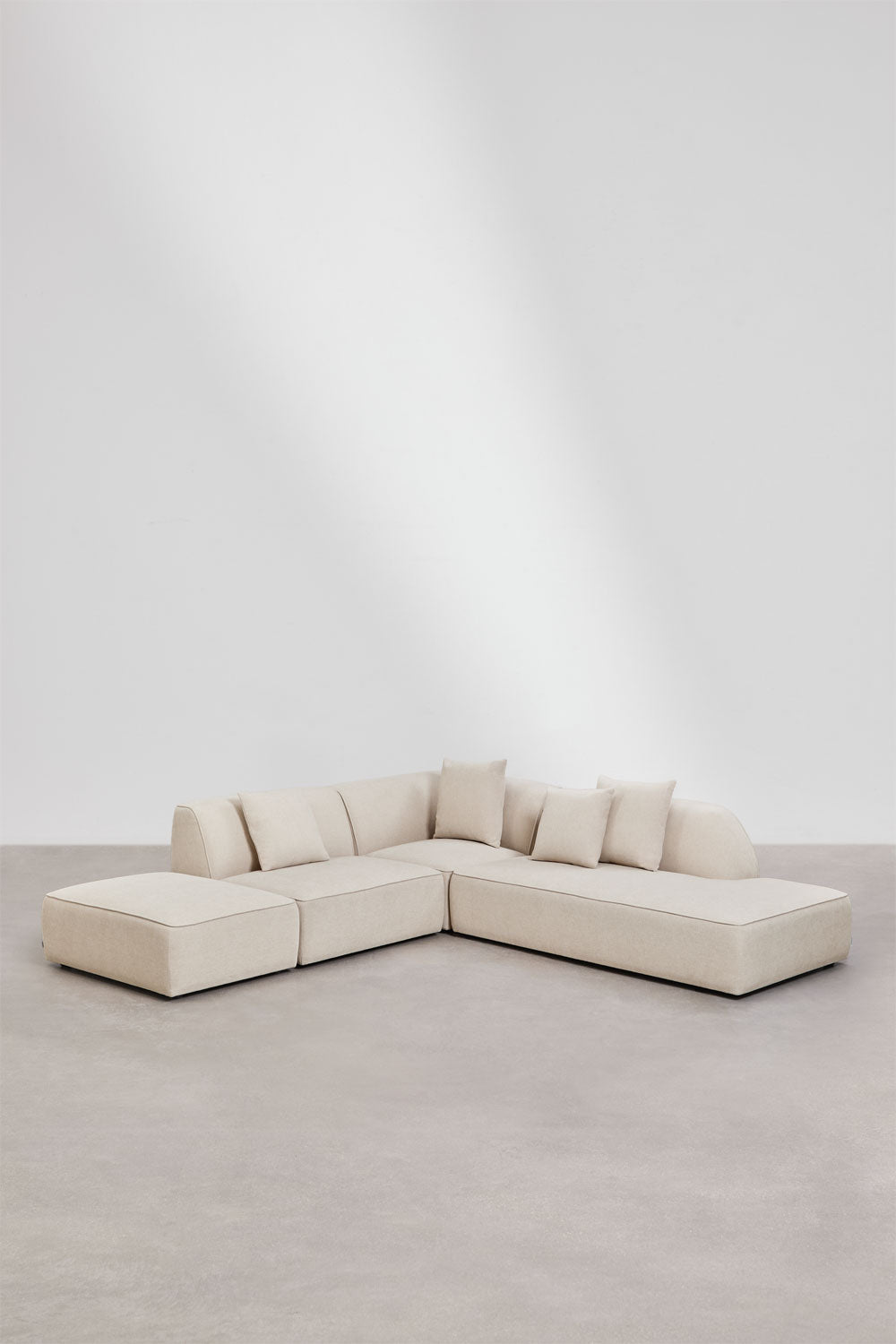 Kampinė sofa KARDENA su gultu ir pufu, kreminis šenilas, 265 cm