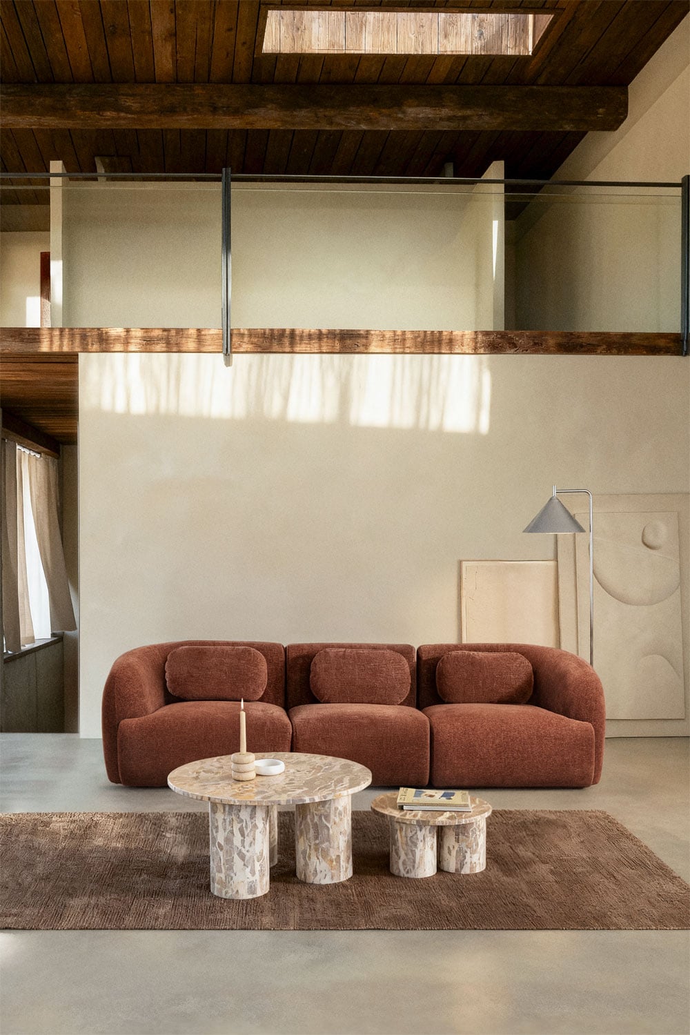 Modulinė sofa KOKETERA, rūdžių spalvos šenilas, 3 dalys, 278 cm