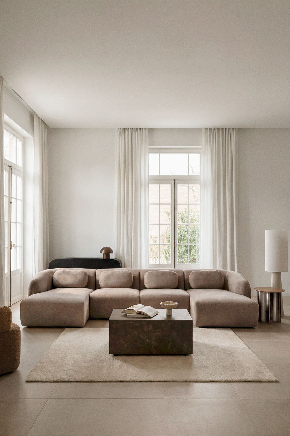 Modulinė sofa KOKETERA, rudas šenilas, 4 dalys su dvigubu gultu
