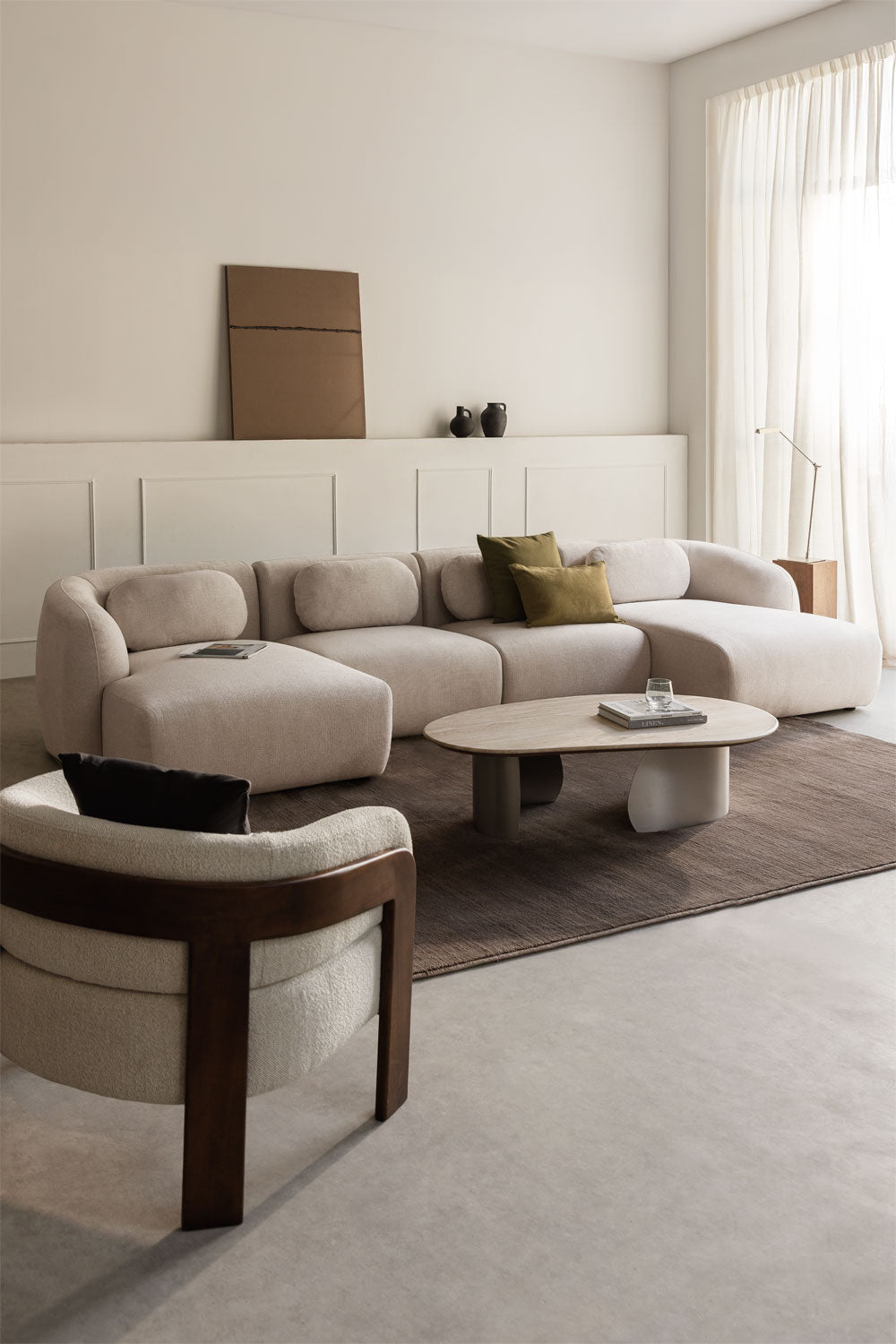 Modulinė sofa KOKETERA, kreminis šenilas, 4 dalys su dvigubu gultu