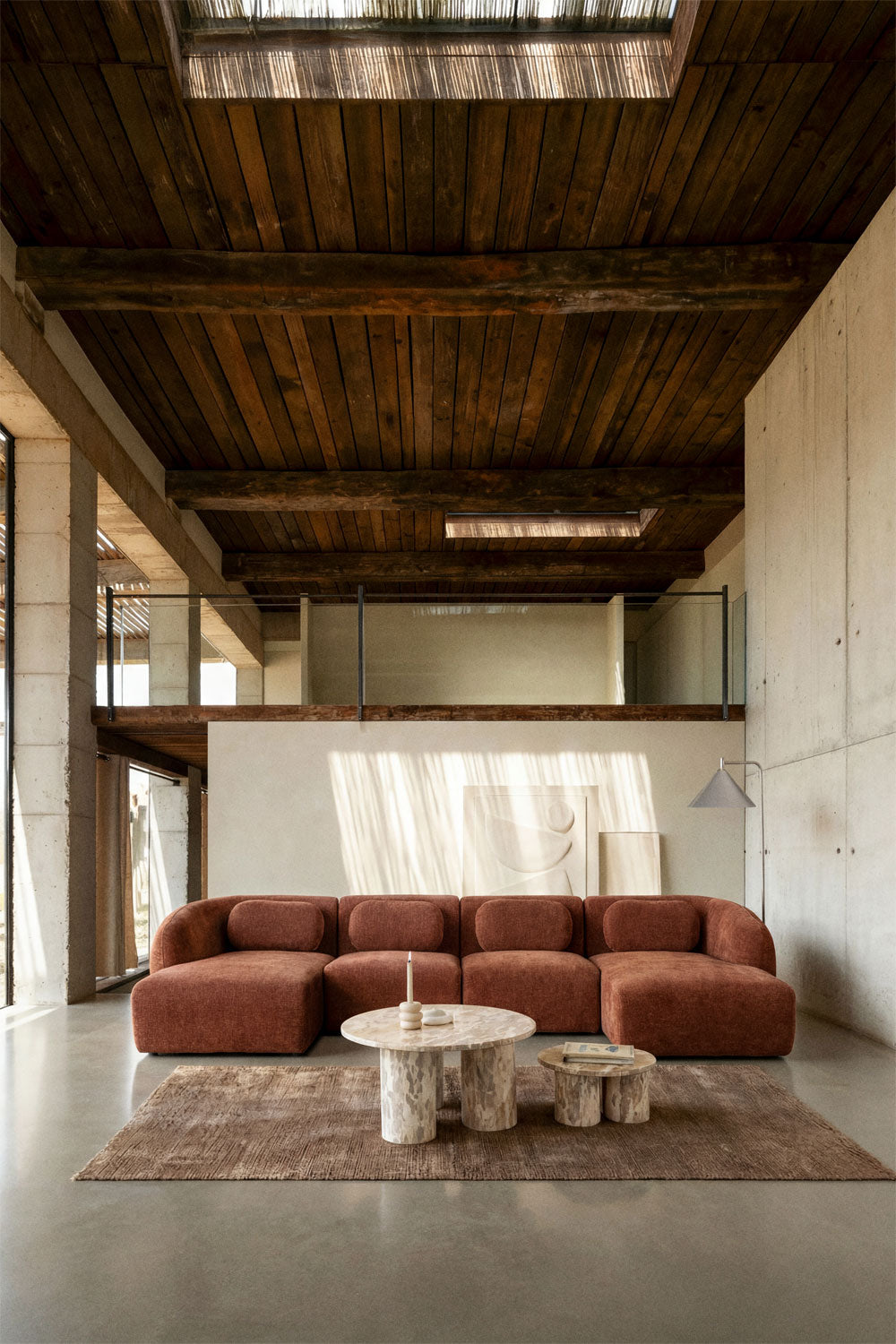 Modulinė sofa KOKETERA, rūdžių spalvos šenilas, 4 dalys su dvigubu gultu
