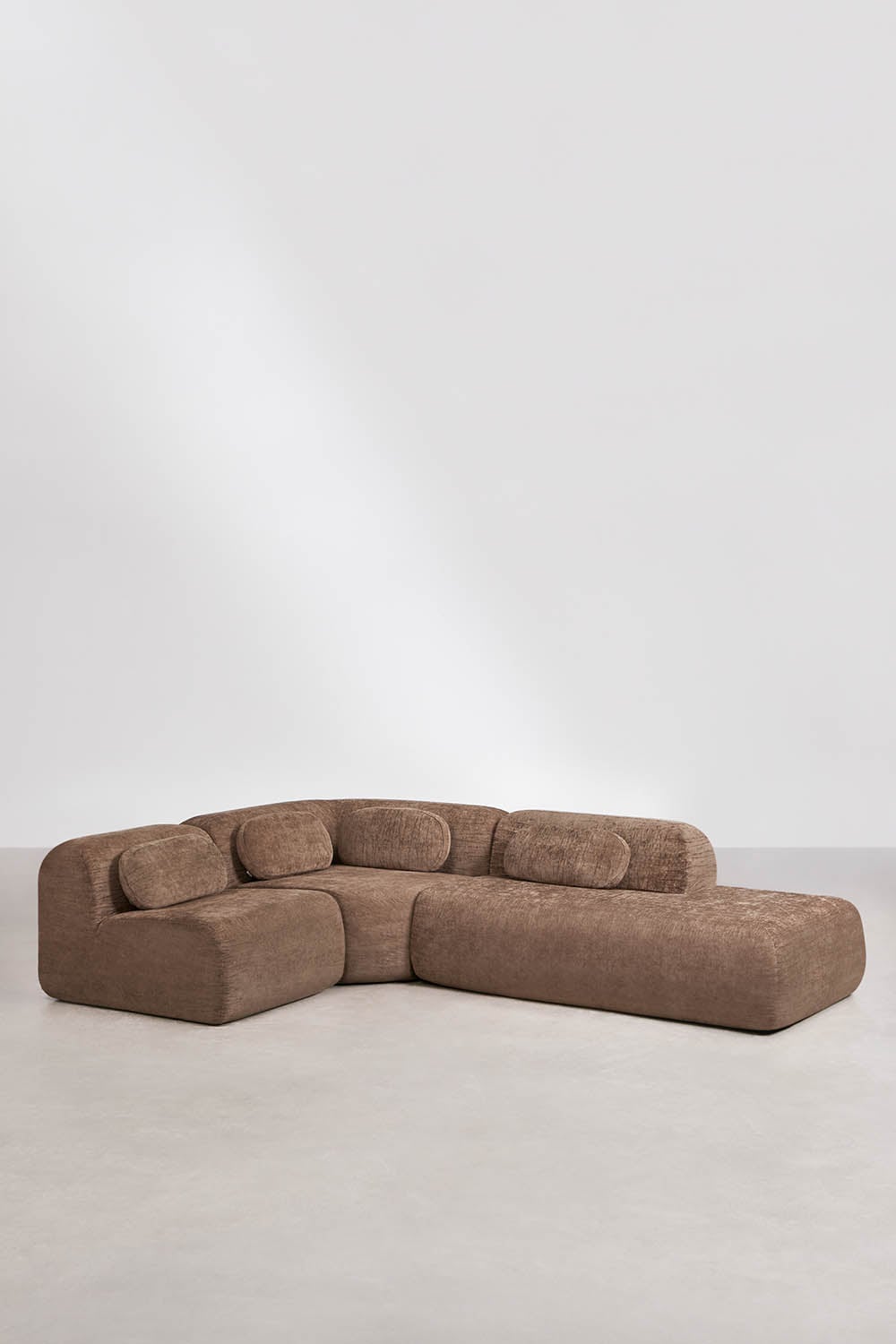 Modulinė kampinė sofa MERIDENA ruda virvelinė tekstūra spalvos, storas šenilo audinys