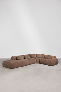 Modulinė kampinė sofa MERIDENA baltame fone, ruda virvelinė tekstūra storas šenilo audinys