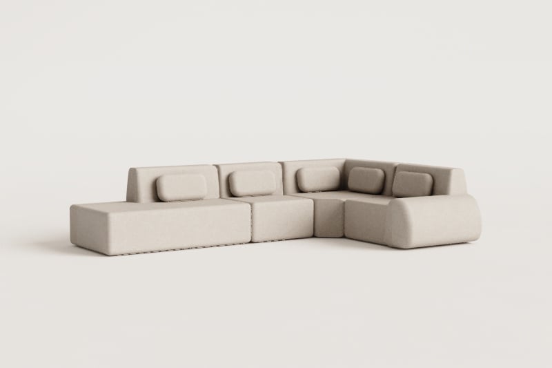 Modulinė kampinė sofa MERIDENA svetainėje, artimas planas