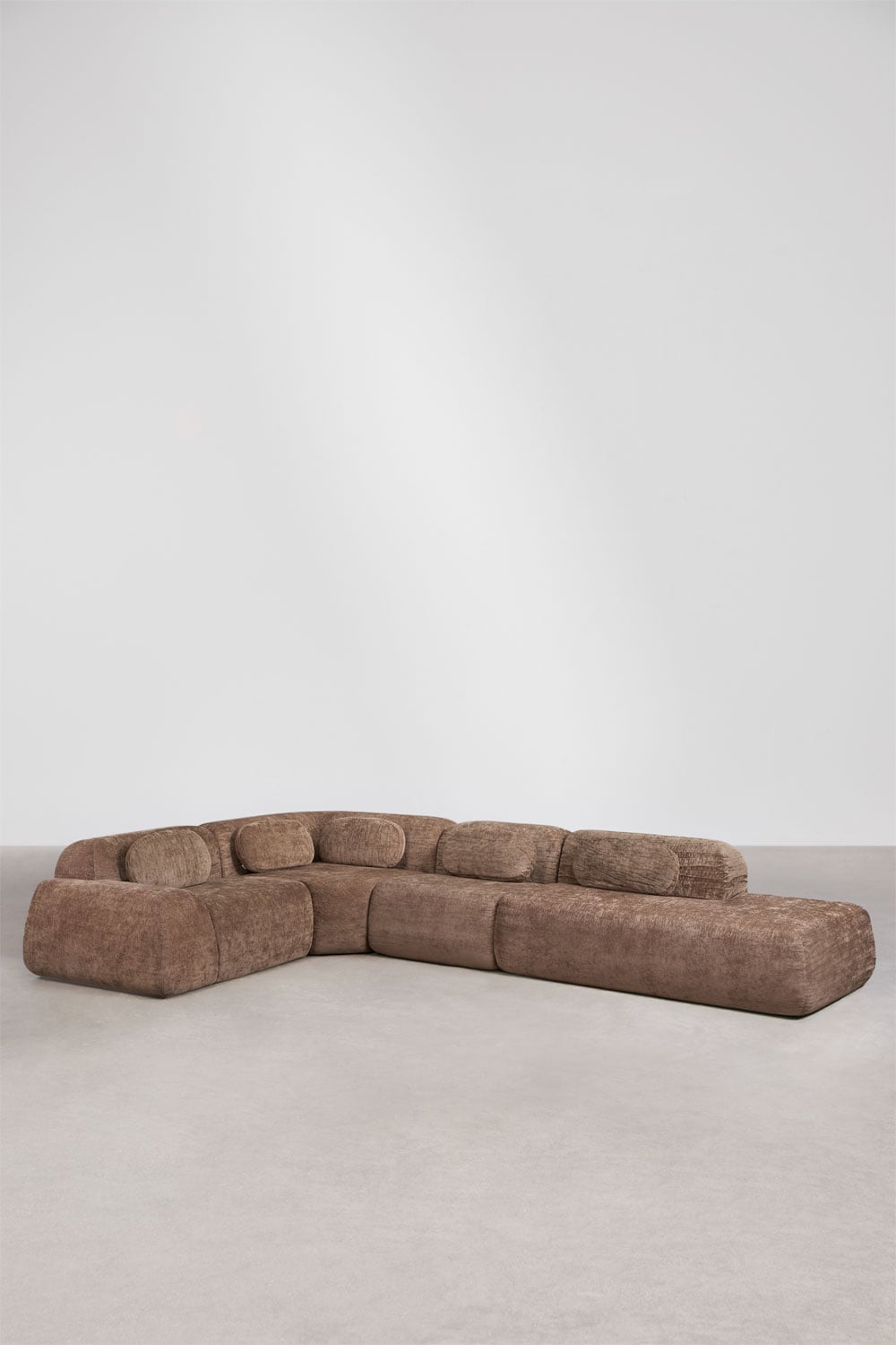 Modulinė kampinė sofa MERIDENA visu dydžiu, ruda virvelinė tekstūra šenilo tipo audinys