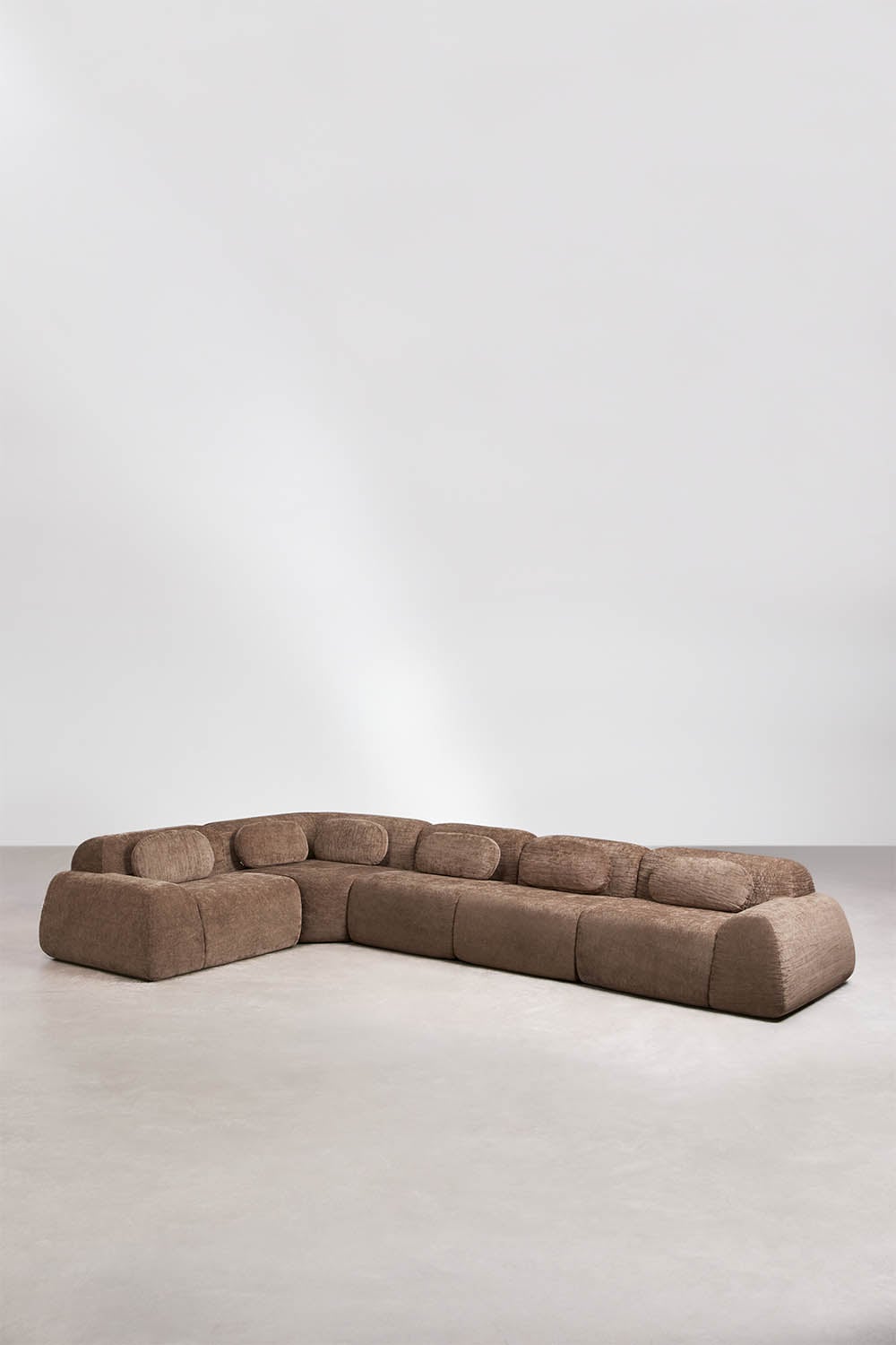 Modulinė kampinė sofa MERIDENA, ruda virvelinė tekstūra storas šenilo audinys