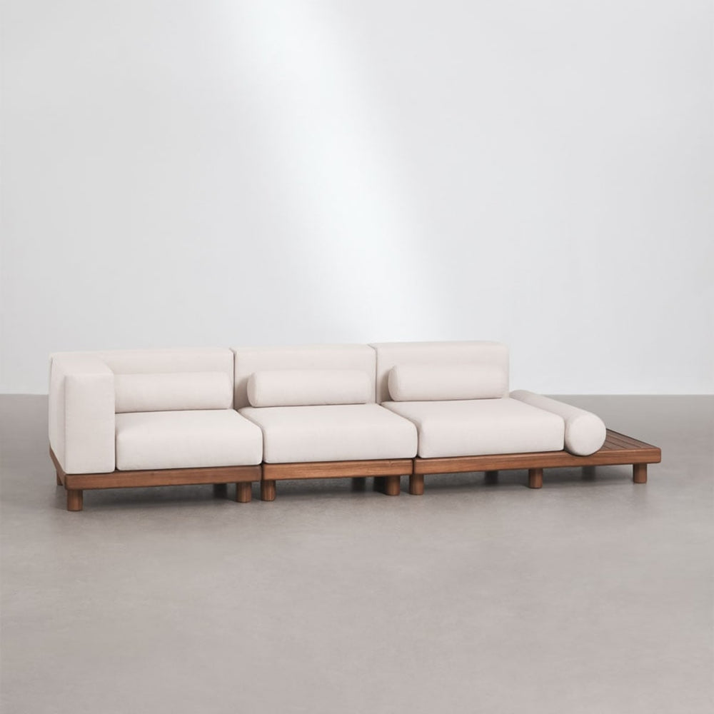 KORKO three-seater modular outdoor sofa with side table, acacia