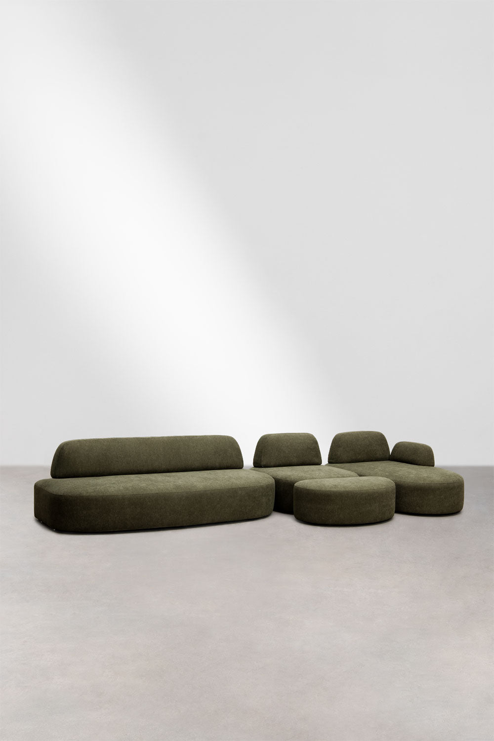 Modulinė sofa DZORELA, karinės žalios, 3 dalys su kampu ir pufu
