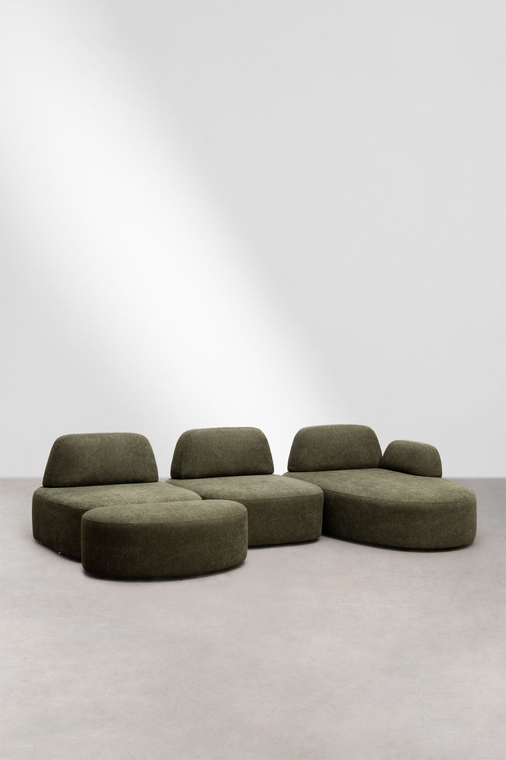Modulinė sofa DZORELA, karinės žalios, 3 dalys su gultu ir pufu
