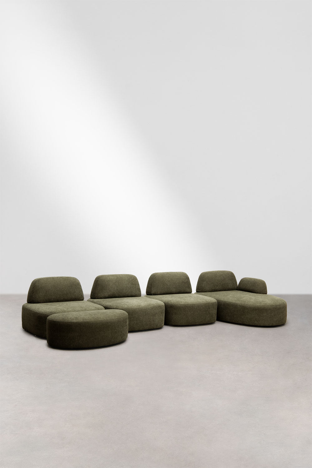 Modulinė sofa DZORELA, karinės žalios, 4 dalys su gultu ir pufu