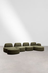 Modulinė sofa DZORELA, karinės žalios, 4 dalys su gultu ir pufu