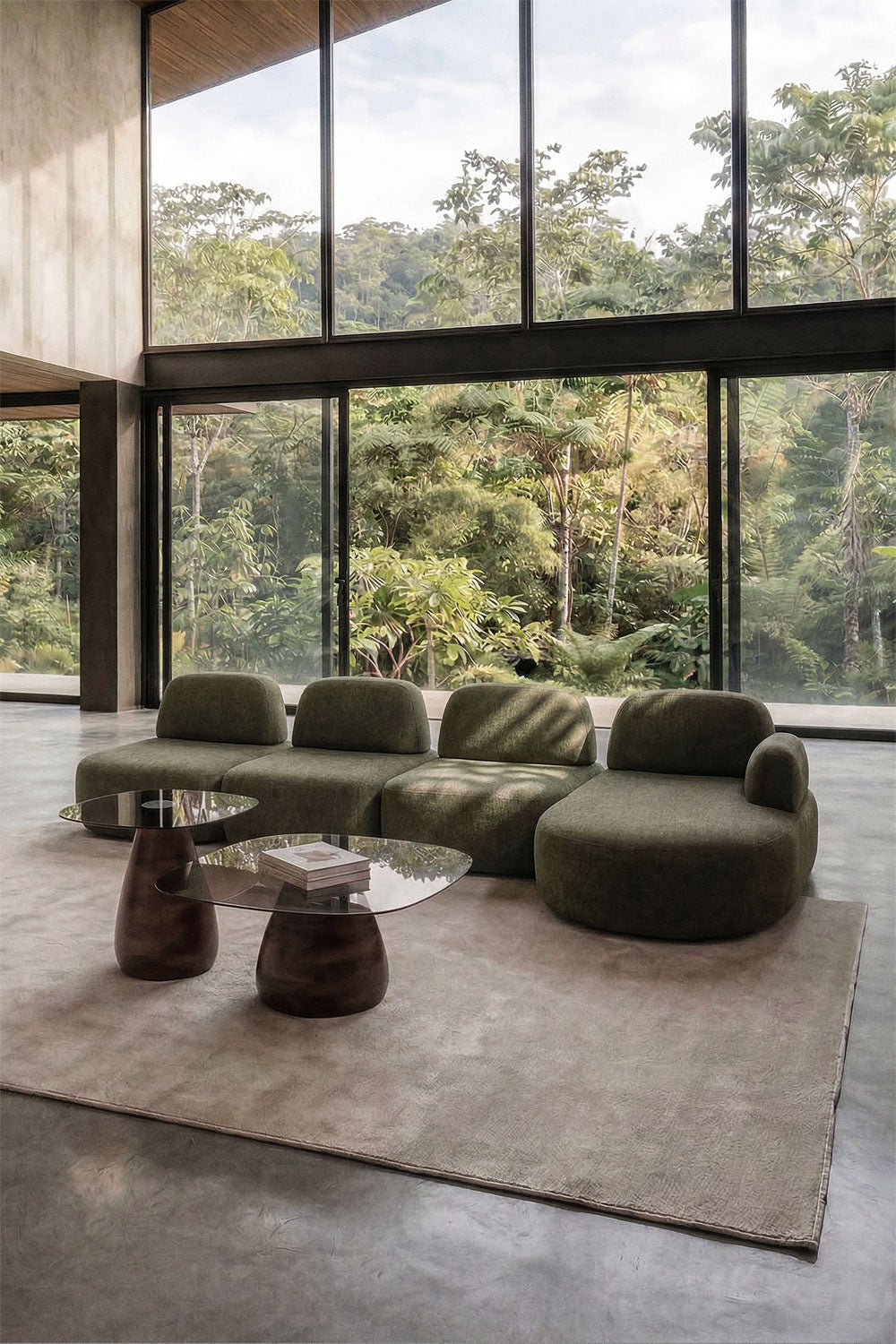 Modulinė sofa DZORELA, karinės žalios, 4 dalys su dešiniuoju gultu