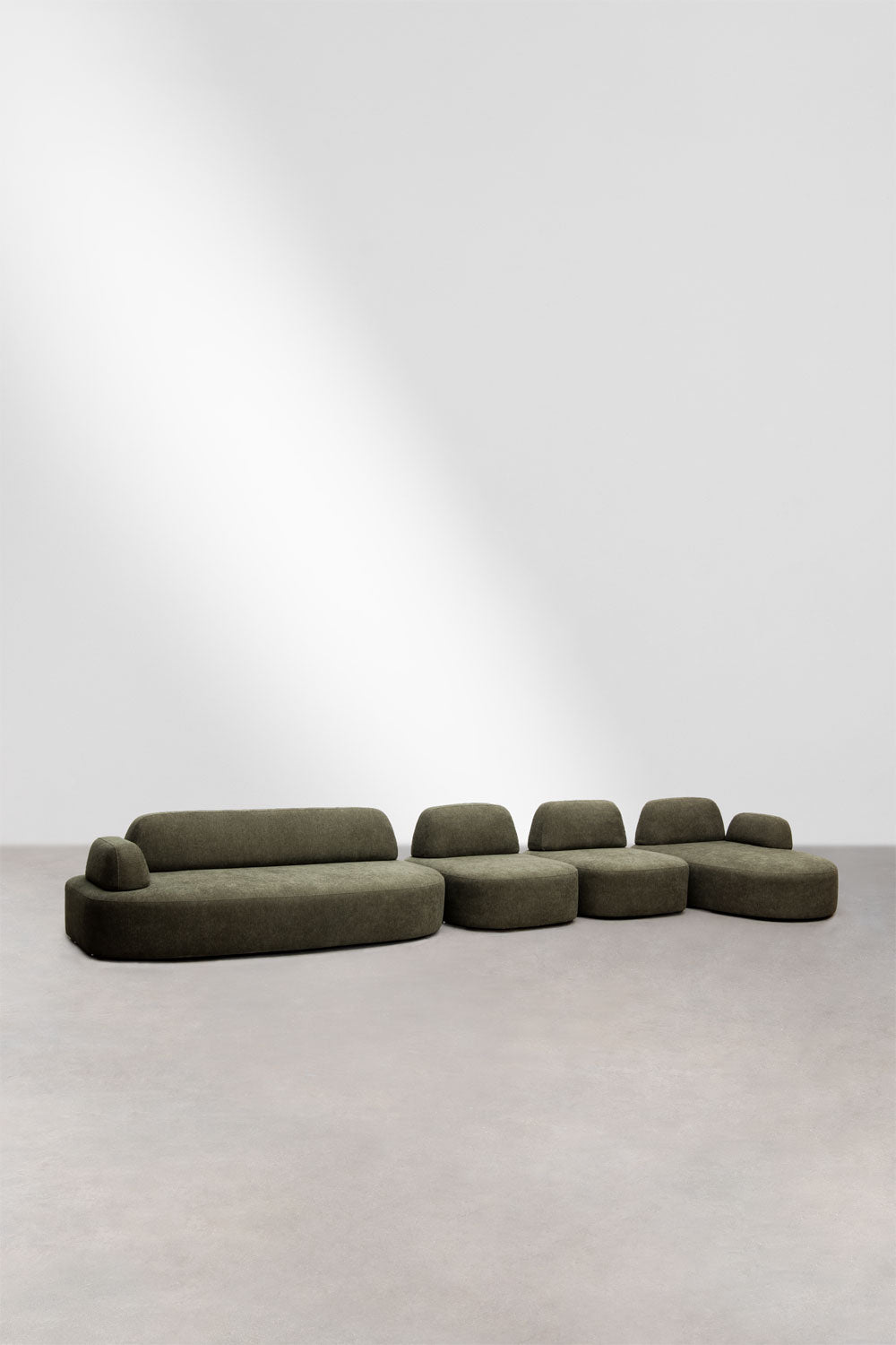 Modulinė sofa DZORELA, karinės žalios, 4 dalys su gultu ir kampu dešinė