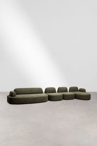 Modulinė sofa DZORELA, karinės žalios, 4 dalys su gultu ir kampu dešinė