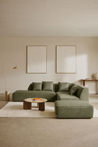 Modulinė kampinė sofa KARDENA su gultu ir pufu, šalavijo žalios spalvos boucle, 3 dalys