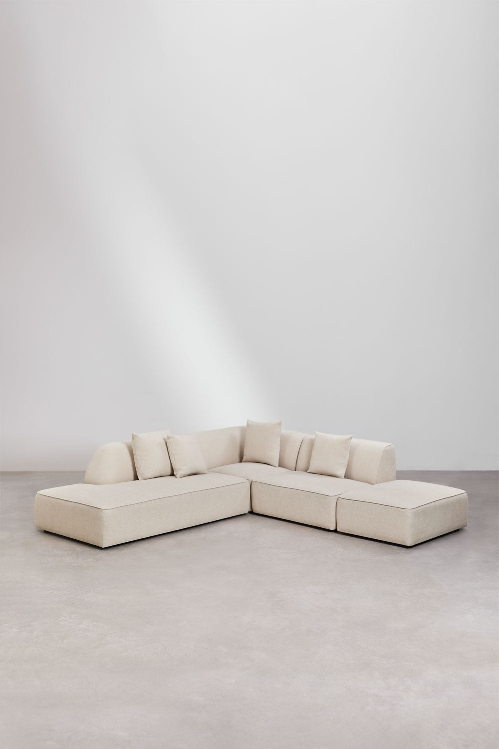 Modulinė kampinė sofa KARDENA su gultu ir pufu, kreminis šenilas, 3 dalys