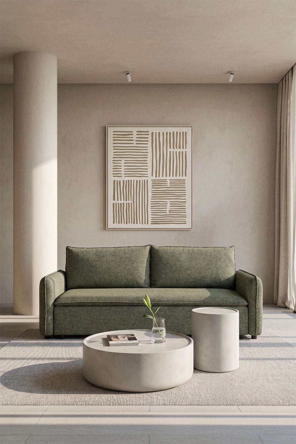 Sofa-lova DROVENA iš priekio, šalavijo žalios spalvos boucle boucle audinys