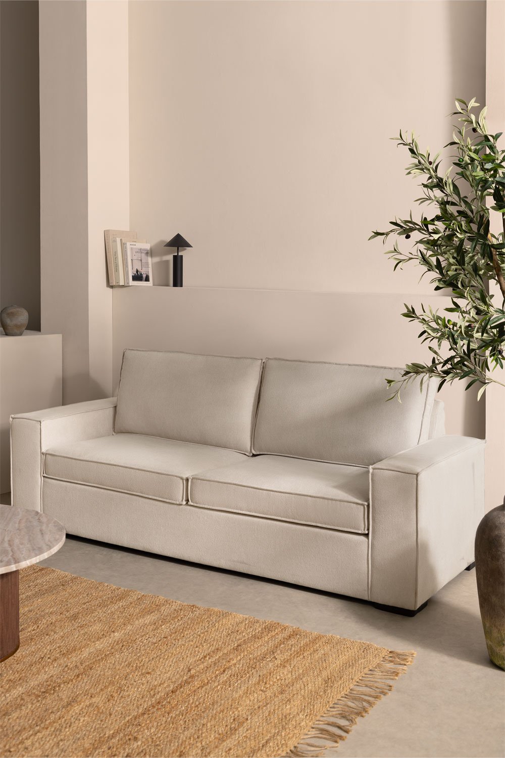Išlankstoma trivietė sofa OLVAR iš audinio, smėlio spalvos