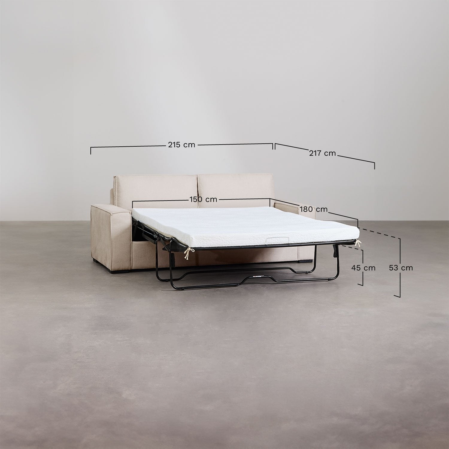 Išlankstoma trivietė sofa OLVAR iš audinio, smėlio spalvos
