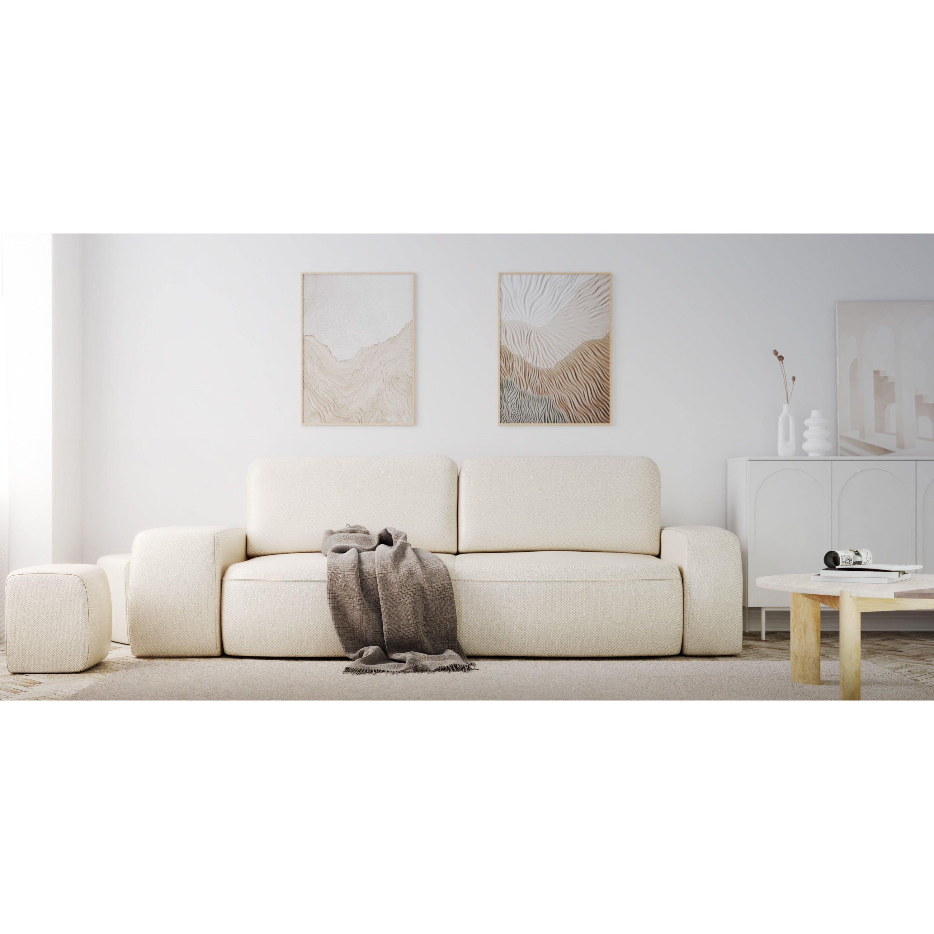 Sofa lova SORTA, šviesiai smėlio spalvos, išskleidžiama