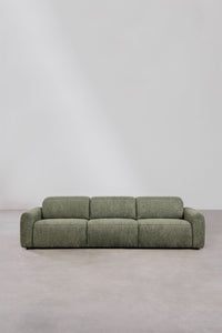 Trivietė elektrinė sofa PEGERA šalavijo žalios spalvos boucle šenilo artimu planu