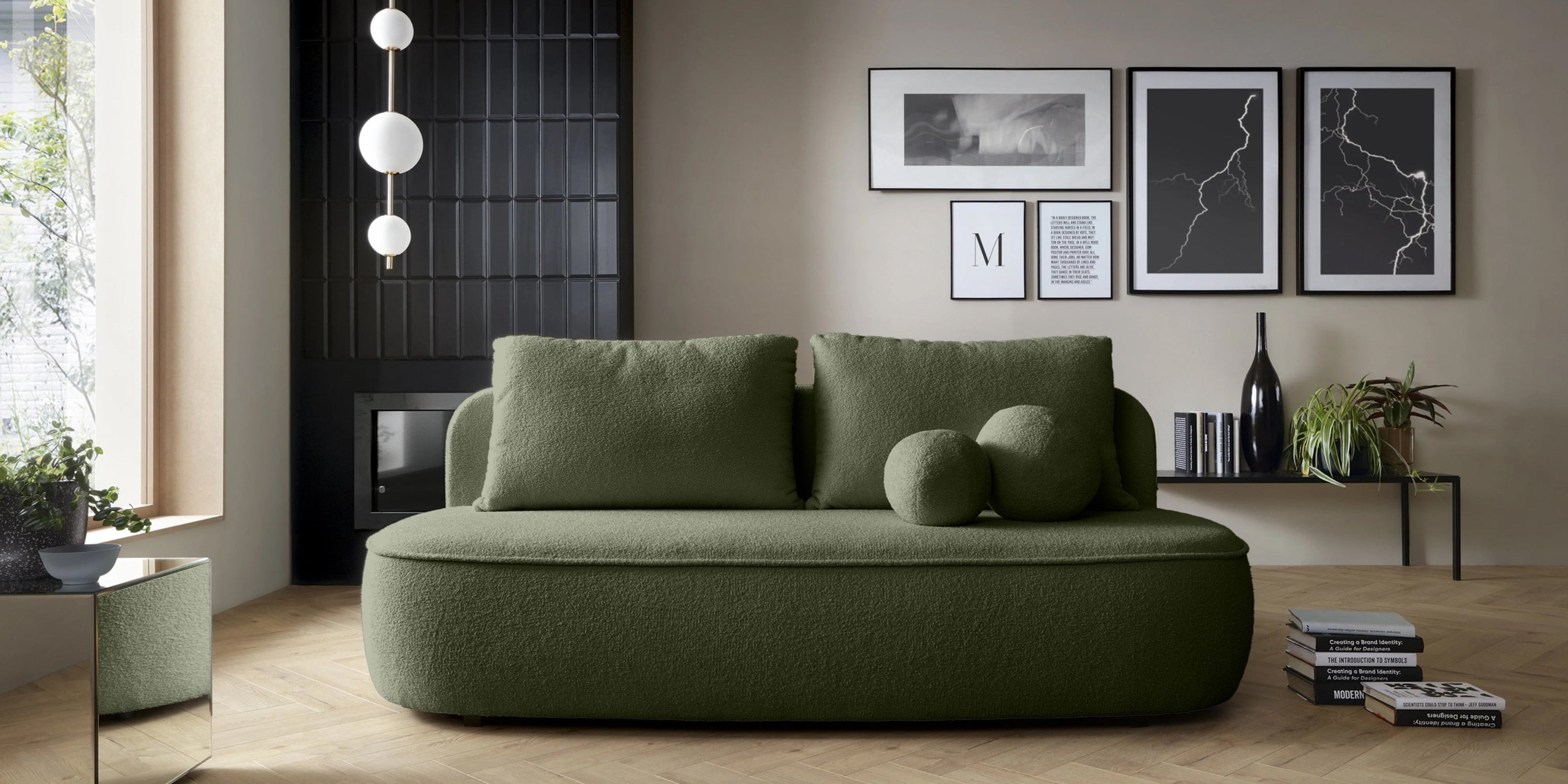 Sofa lova BELLA, žalias bouclé