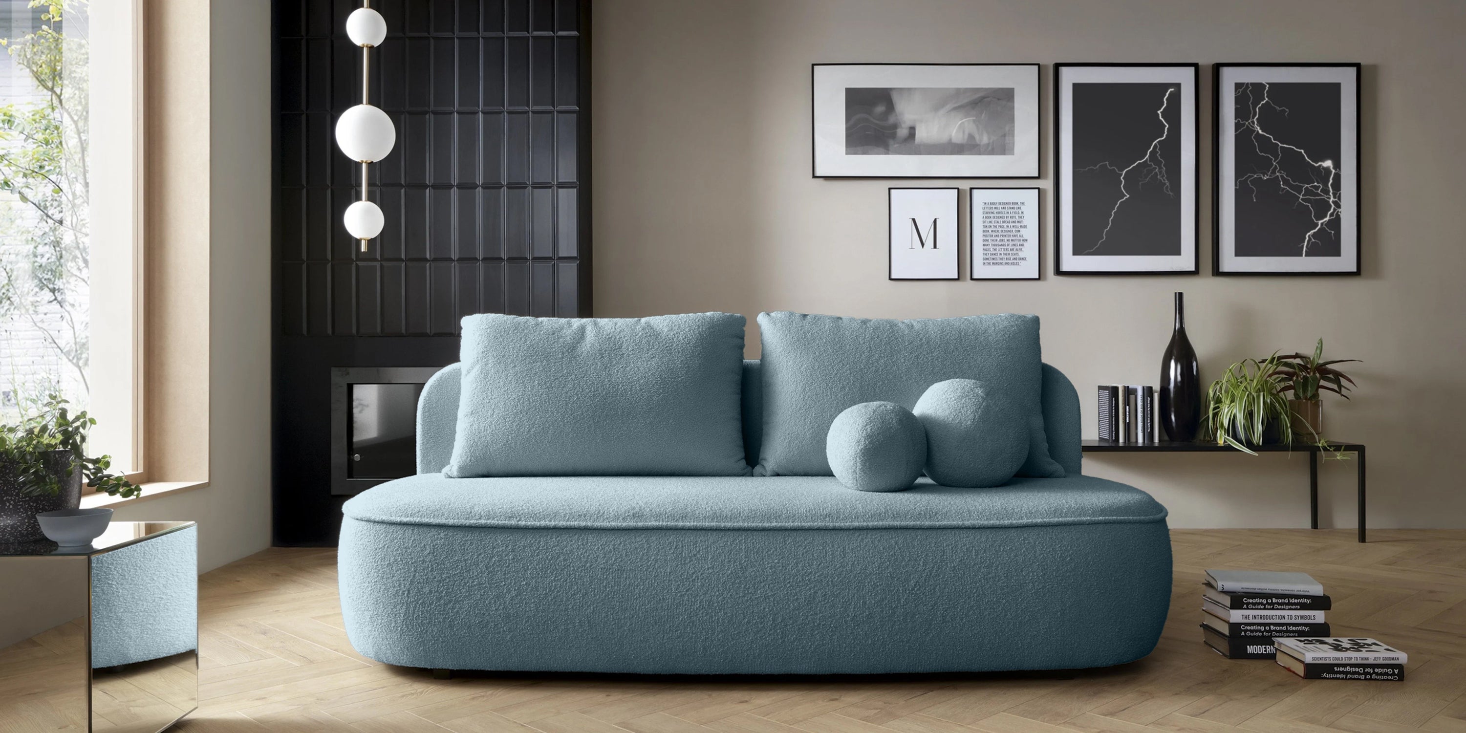 Sofa lova BELLA, melsvas bouclé