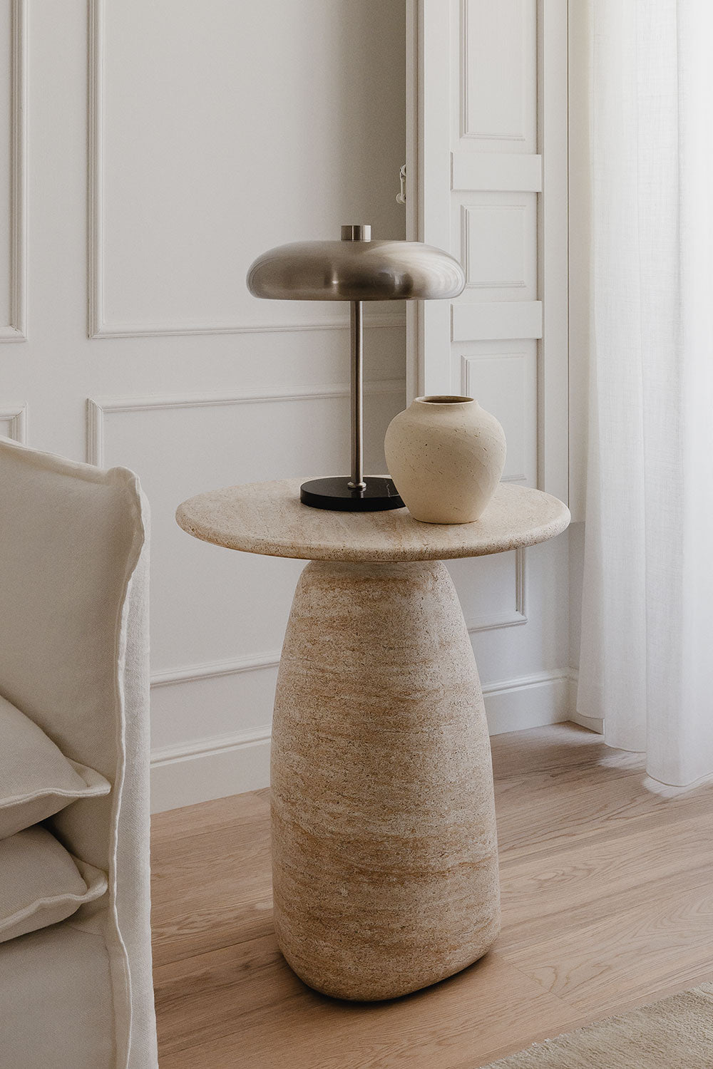 Side table GREVIK, travertine Ø45 cm