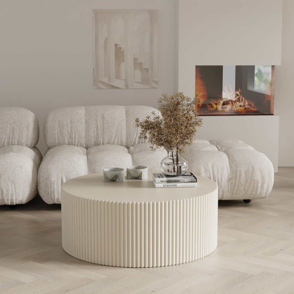 Coffee table DONJON, grey beige, grooved, 90 cm