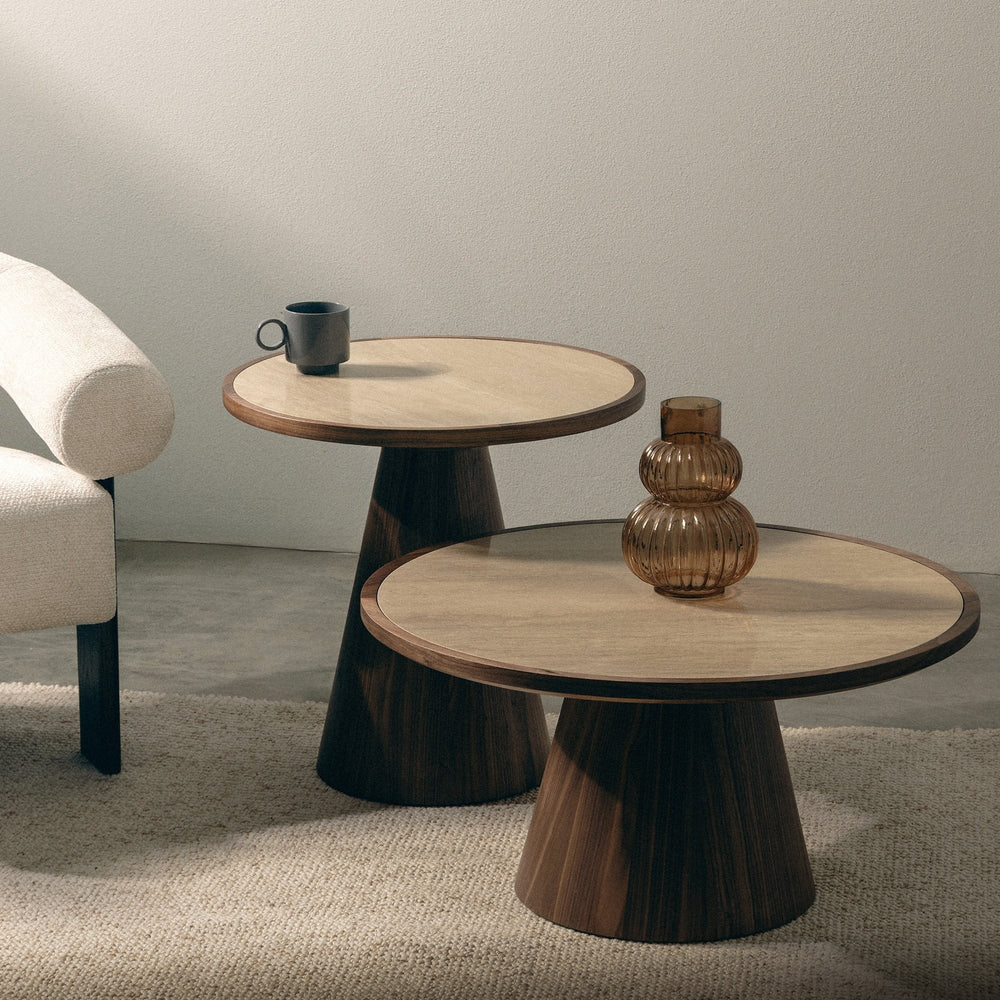 Coffee table HERBE, travertine/walnut, 80 cm