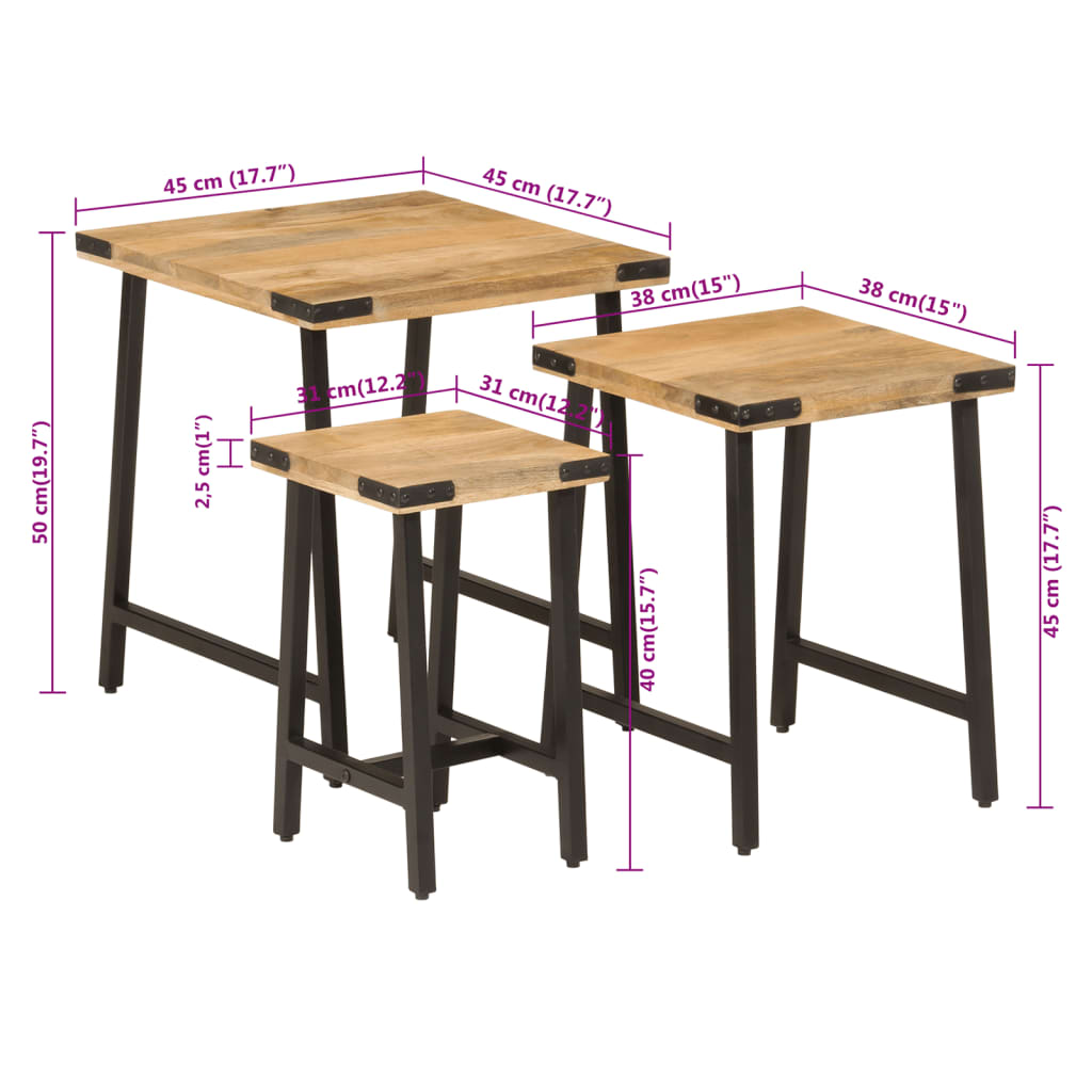 Sustumiami kavos staliukai, 3vnt., mango masyvas ir geležis - Namų Idėja
