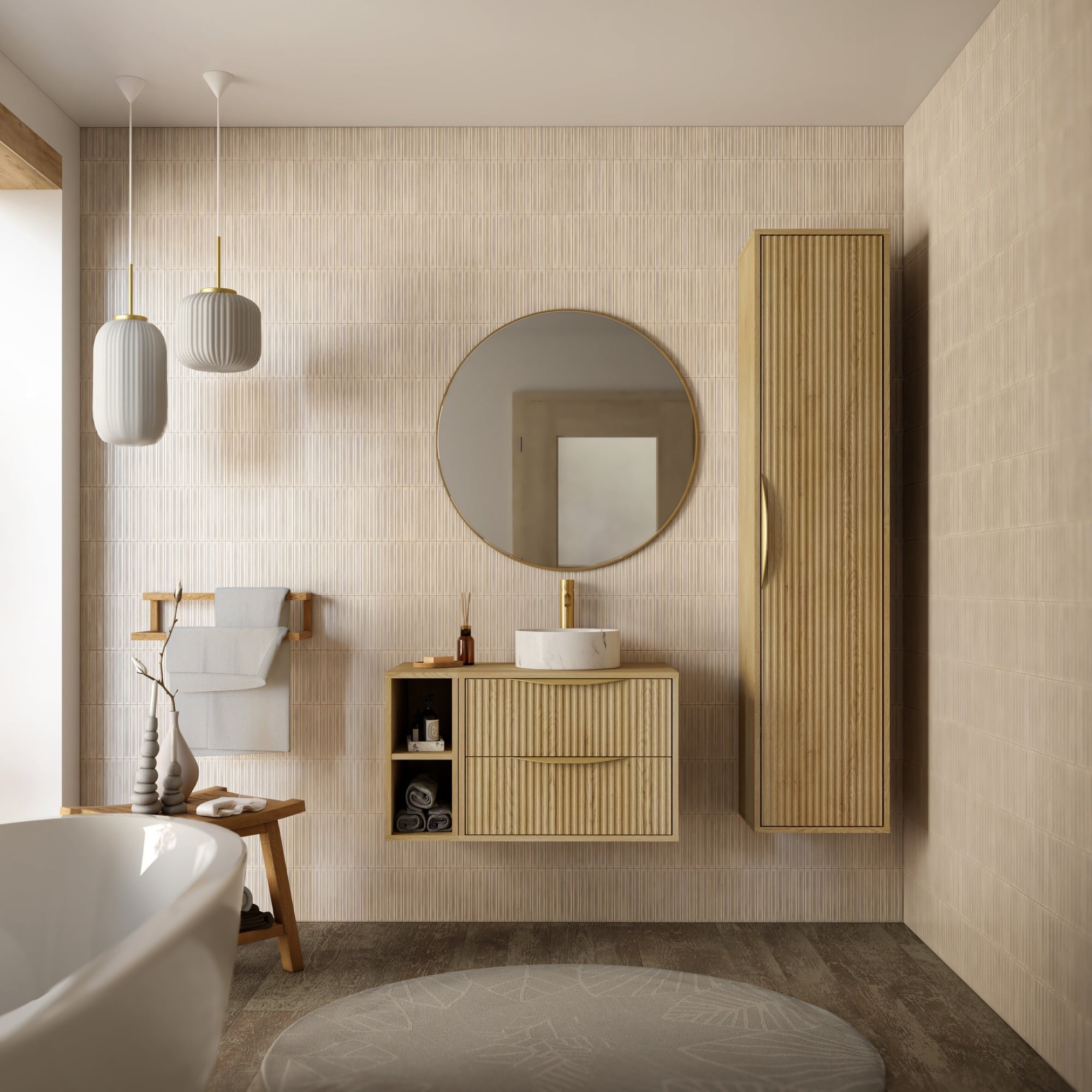BERYL bathroom cabinet, fluted, oak kremona