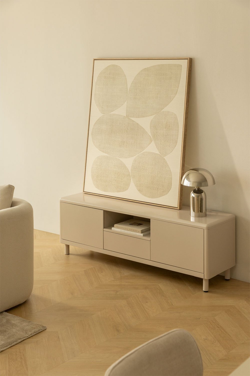 TV spintelė MIGARO, 150 cm, plieno konstrukcija, šviesi spalva