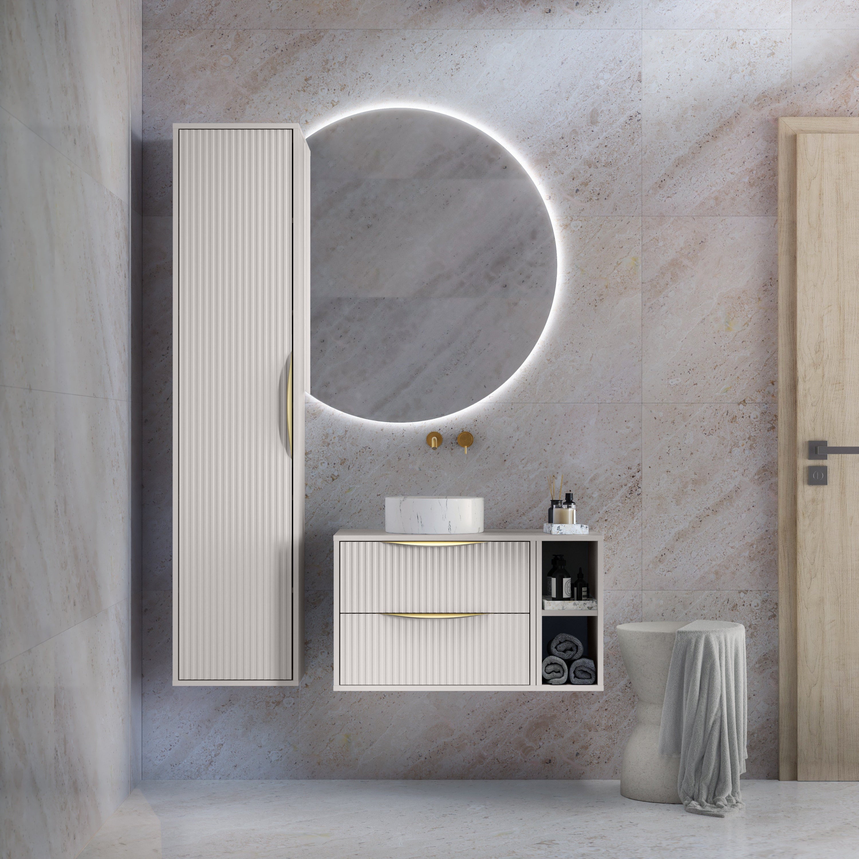BERYL 2.0 bathroom cabinet, fluted, gold handles, cashmere, 60 cm